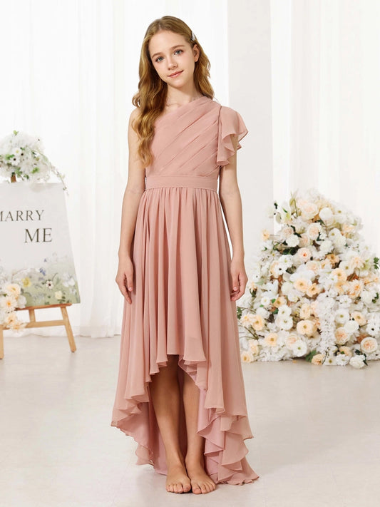 Elegant A?Line One?Shoulder Ruffle Sleeve Tie?Back Hi?Lo Junior Bridesmaid Dress