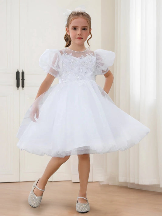 Elegant A Line Illusion Neck Puff Sleeve Bow Back Knee Length Communion Dress