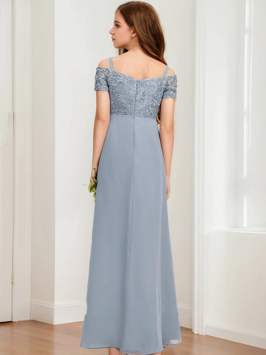 Elegant A?Line Off?The?Shoulder Short Sleeve Zipper?Back Floor?Length Junior Bridesmaid Dress