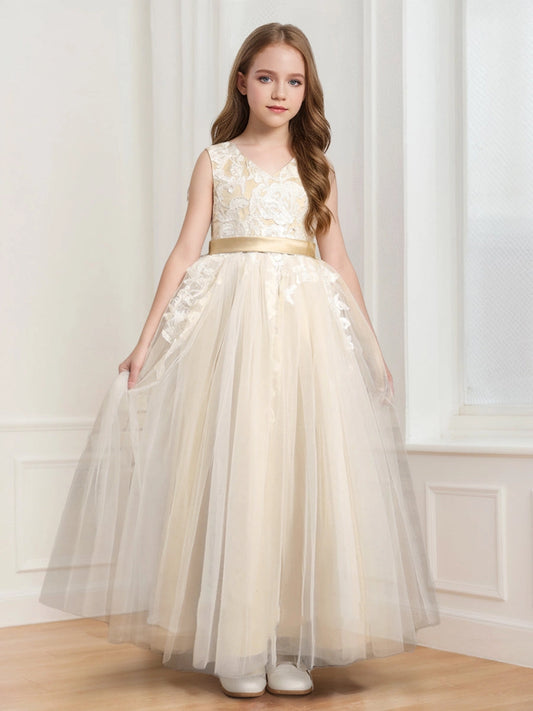 Elegant A-Line V-Neck Sleeveless Bow Back Floor-Length Flower Girl Dress