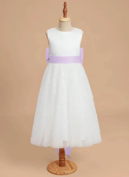 Elegant A Line Jewel Neck Sleeveless V Back Tea Length Flower Girl Dress