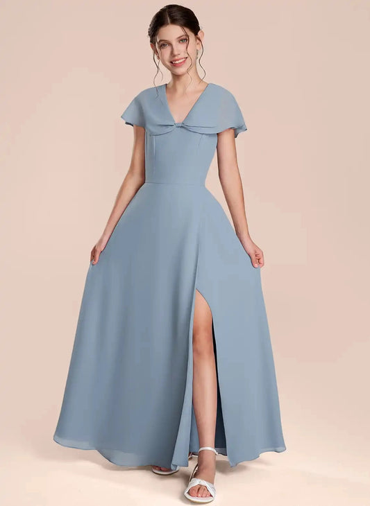Elegant A Line V Neck Cape Sleeve Zip Back Floor Length Junior Bridesmaid Dress