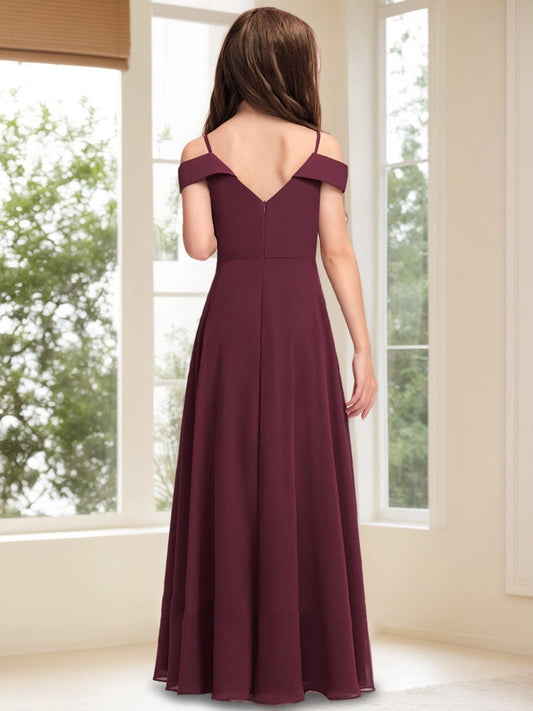 Elegant A?Line Off?The?Shoulder Cold?Shoulder V?Back Floor?Length Junior Bridesmaid Dress >