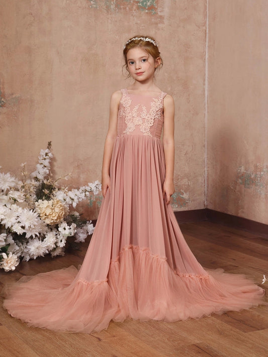 Elegant A?Line Square Neck Sleeveless Cutout Back Train Length Junior Bridesmaid Dress