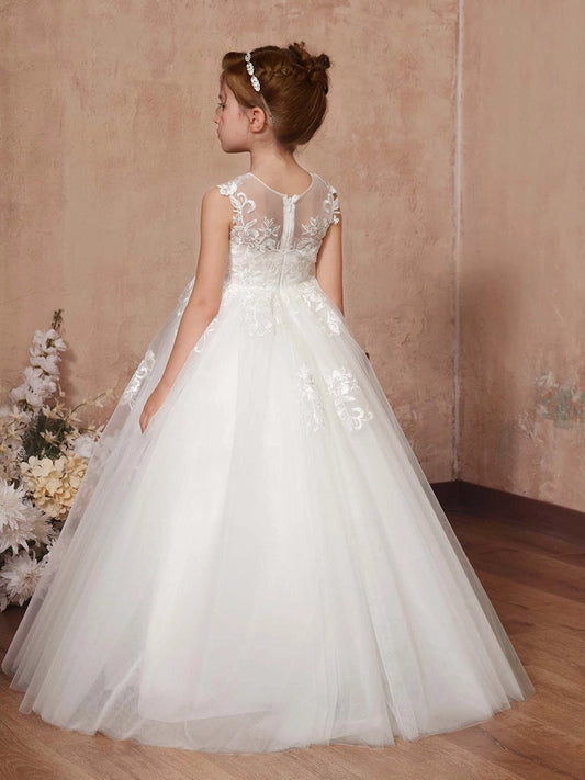 Elegant Ball Gown Illusion Neck Sleeveless Illusion Back Floor Length First Communion Dress