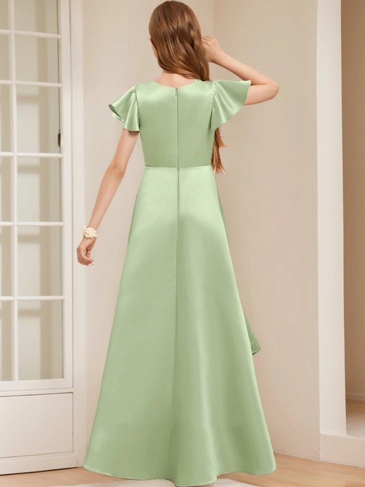 Elegant A?Line V?Neck Flutter Sleeve Zip?Back Hi?Lo Junior Bridesmaid Dress