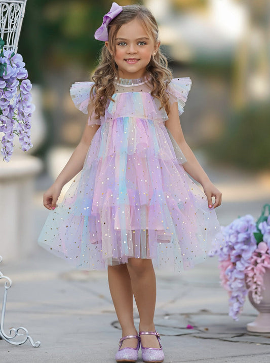 Dreamy A-Line High Neck Ruffle Sleeve Illusion Back Flower Girl Dress
