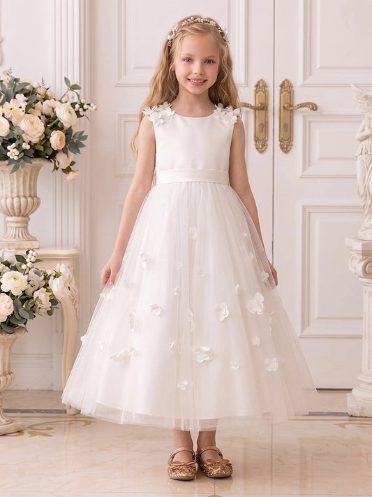 Elegant A-Line Round Neck Sleeveless Bow Back Floor-Length Flower Girl Dress