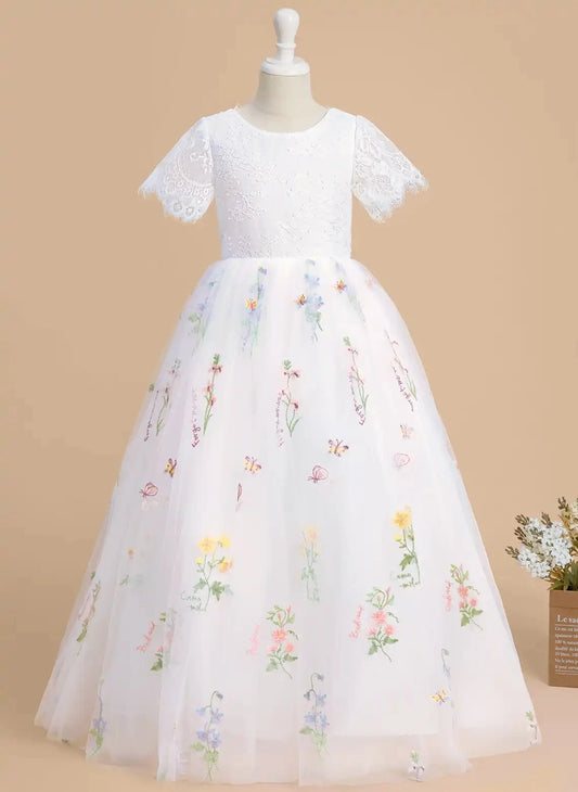 Elegant A Line Round Neck Lace Sleeve Long Communion Dress