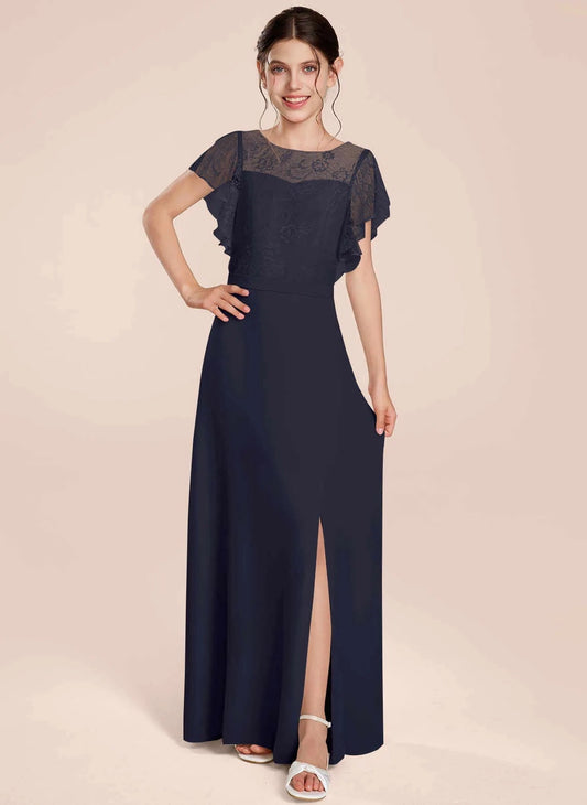 Elegant A-Line Round Neck Flutter Sleeve Keyhole Back Maxi Formal Dress