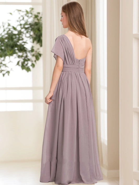 Elegant A?Line One?Shoulder Flutter Sleeve Open Back Floor?Length Junior Bridesmaid Dress