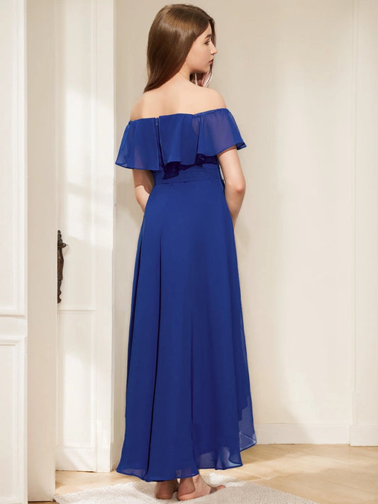 Elegant A?Line Off?Shoulder Flutter Sleeve Zipper?Back High?Low Junior Bridesmaid Dress