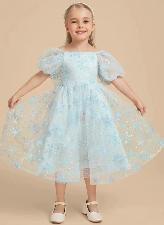 Dreamy A Line Square Neck Puff Sleeve Bow Back Tea Length Girls Dress