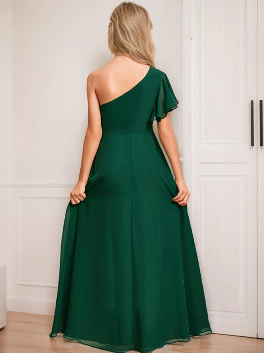 Elegant A?Line One?Shoulder Ruffle Sleeve Open Back Maxi Junior Bridesmaid Dress