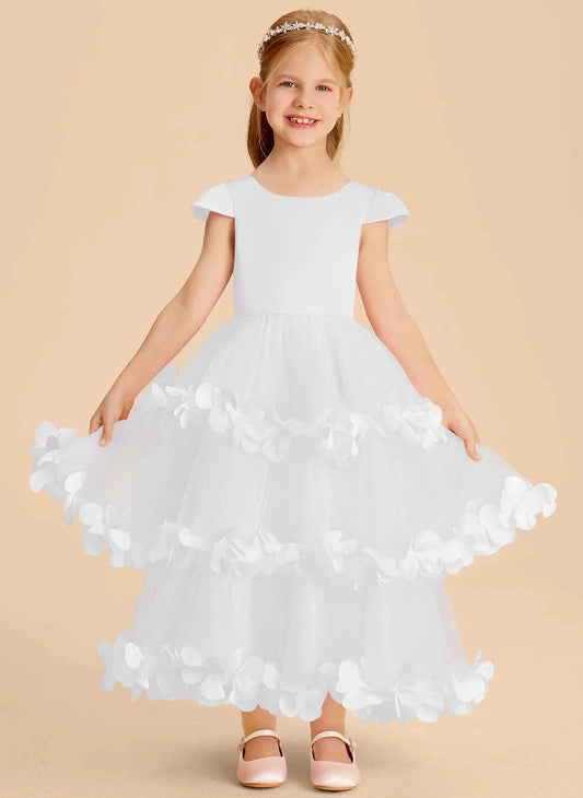 Elegant A Line Round Neck Petal Sleeve V Back Maxi Flower Girl Dress