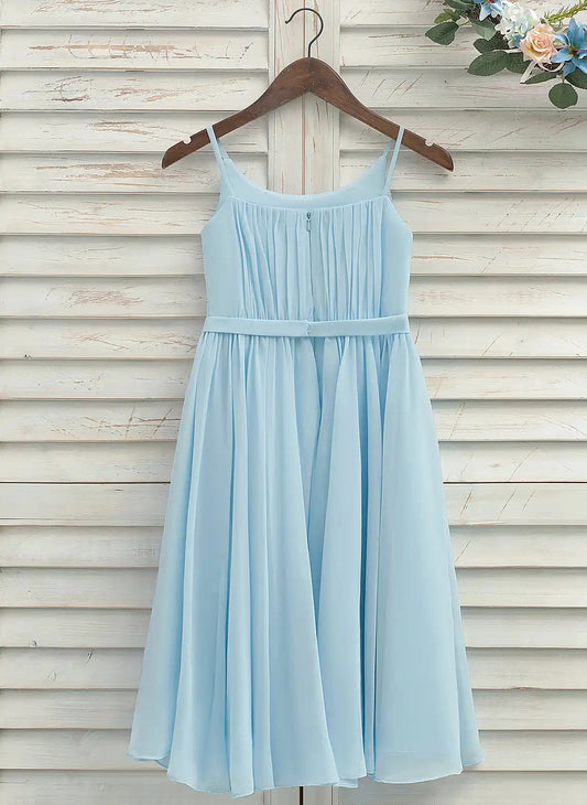 Elegant A Line Square Neck Sleeveless Zipper Back Tea Length Junior Bridesmaid Dress
