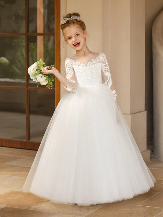 Elegant Ball Gown Illusion Neck 3/4 Sleeve Sheer Bow Back Floor Length Flower Girl Dress