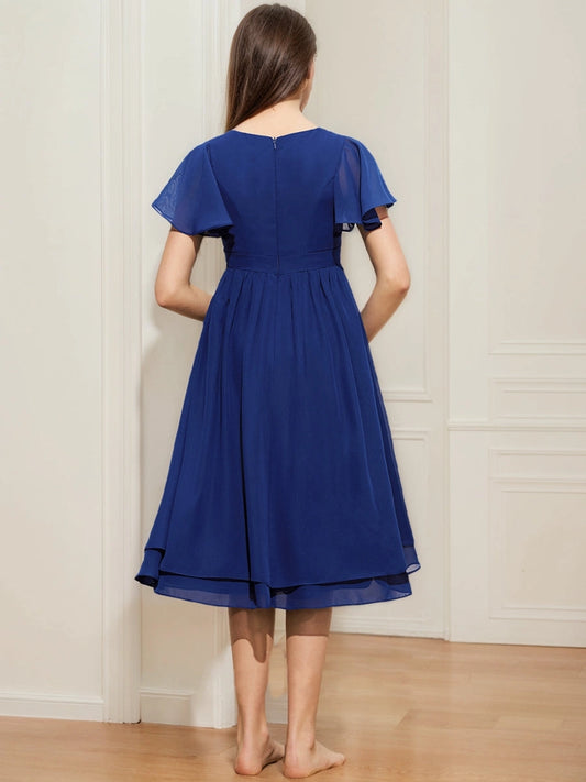 Elegant A?Line Round Neck Flutter Sleeve Zip?Back Midi Junior Bridesmaid Dress