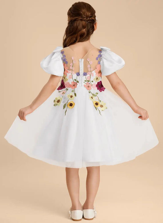 Enchanting A Line Square Neck Puff Sleeve Sheer Back Knee Length Flower Girl Dress