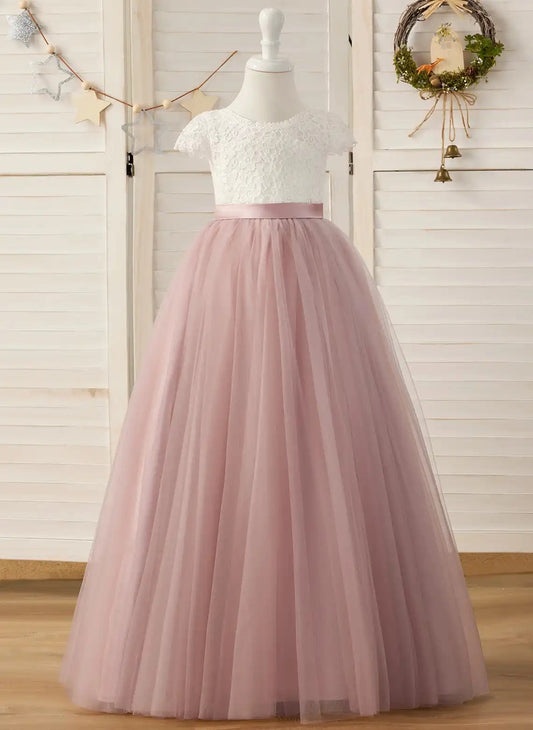 Elegant A-Line Round Neck Short Sleeve V-Back Floor-Length Flower Girl Dress