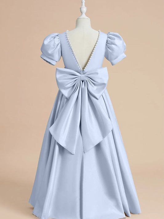 Elegant A?Line Round Neck Puff Sleeve V?Back Floor?Length Flower Girl dress