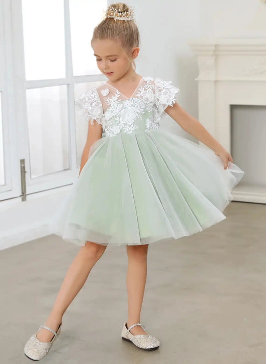 Elegant A?Line V?Neck Flutter Sleeve Deep V?Back Knee?Length Flower Girl Dress