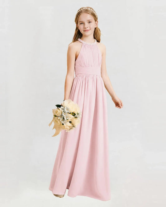 Elegant A Line Halter Sleeveless Keyhole Back Floor Length Bridesmaid Dress