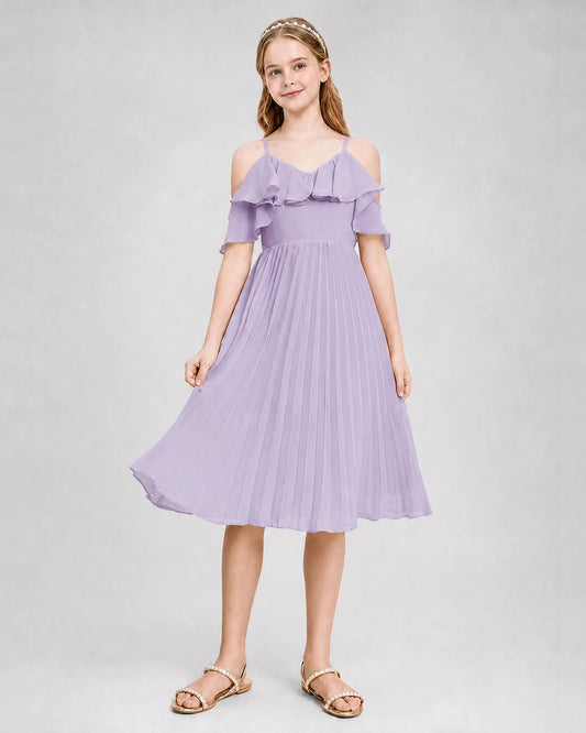 Elegant A Line V Neck Cold Shoulder V Back Midi Bridesmaid Dress