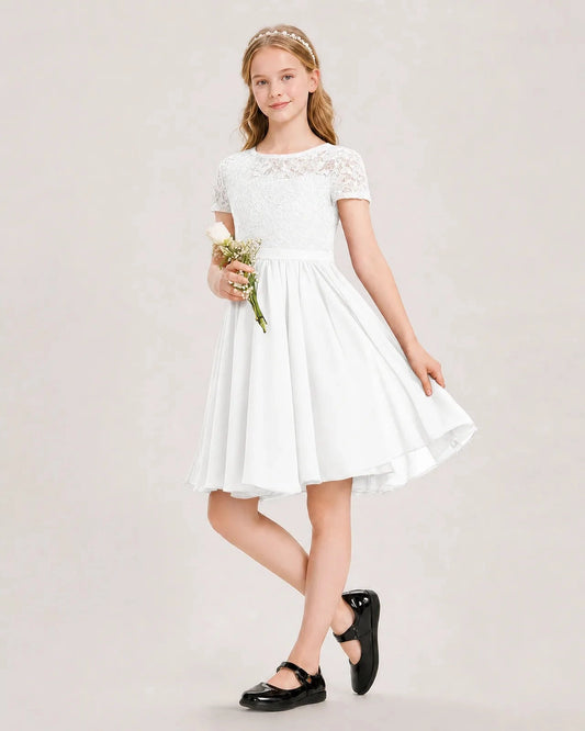 Elegant A Line Round Neck Short Sleeve Keyhole Knee Length Flower Girl Dress