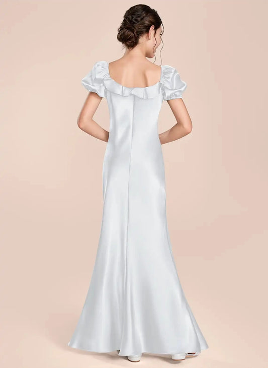 Elegant A Line Square Neck Puff Sleeve Low Back Floor Length Junior Bridesmaid Dress