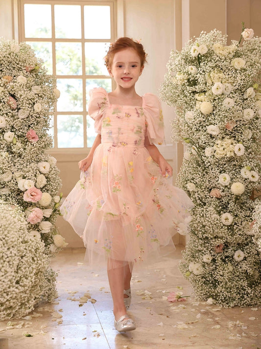 Romantic A-Line Square Neck Puff Sleeve Back Zip Tea-Length Flower Girl Dress