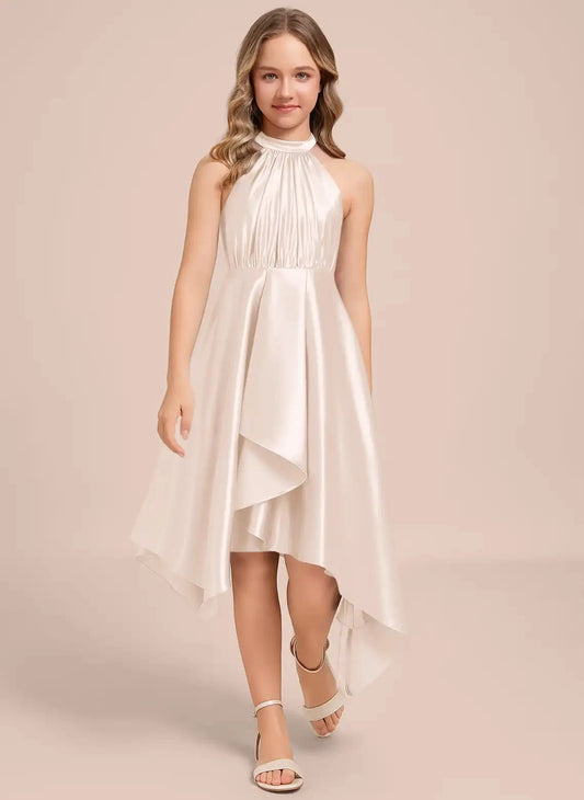Elegant A Line Halter Sleeveless Bow Back High Low Junior Bridesmaid Dress