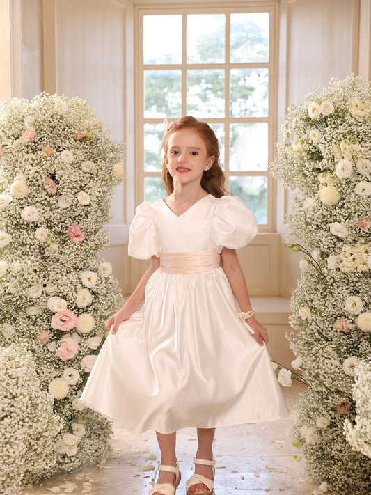 Elegant A-Line V-Neck Puff Sleeve Bow Back Midi Flower Girl Dress