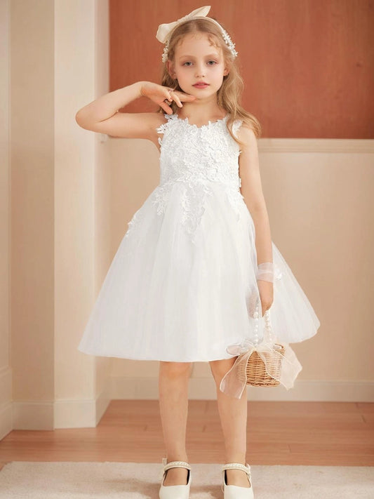 Elegant A-Line Lace Neck Sleeveless Bow Back Knee-Length Flower Girl Dress