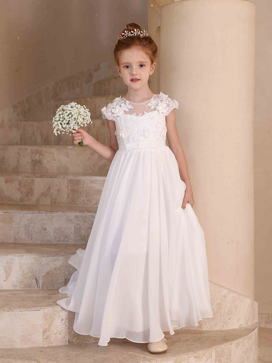 Elegant A?Line Illusion Neck Cap Sleeve V?Back Floor?Length First Communion Dress