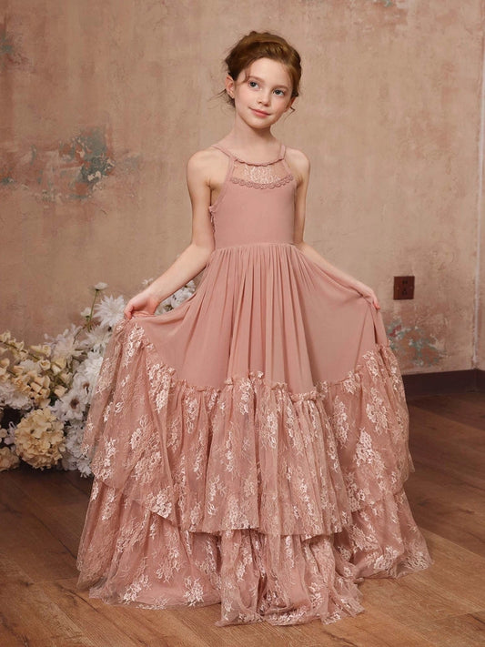 Bohemian A?Line Halter Sleeveless Tie?Back Train?Length Flower Girl Dress >