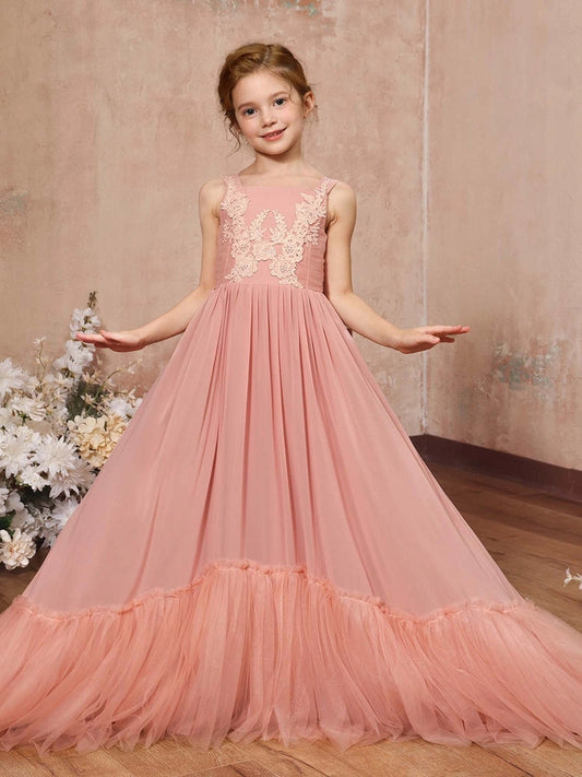 Elegant A?Line Square Neck Sleeveless Cutout Back Train Length Junior Bridesmaid Dress