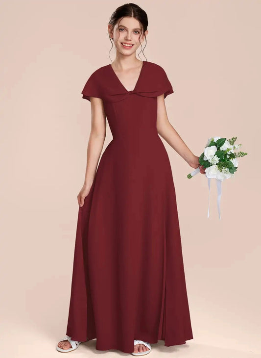 Elegant A Line V Neck Cape Sleeve Zip Back Floor Length Junior Bridesmaid Dress