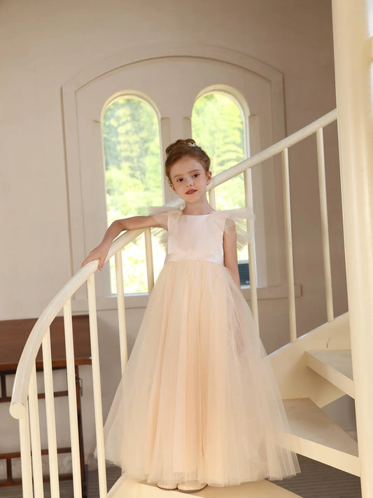 Romantic A-Line Round Neck Ruffle Sleeve V-Back Flower Girl Dress