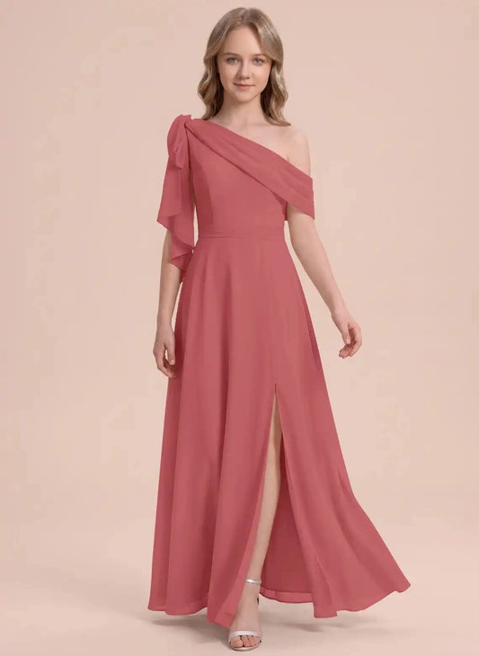 Elegant A Line One Shoulder Bow Back Floor Length Junior Bridesmaid Dress