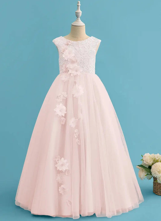 Romantic Ball Gown Round Neck Sleeveless Zip Back Floor Length Flower Girl Dress