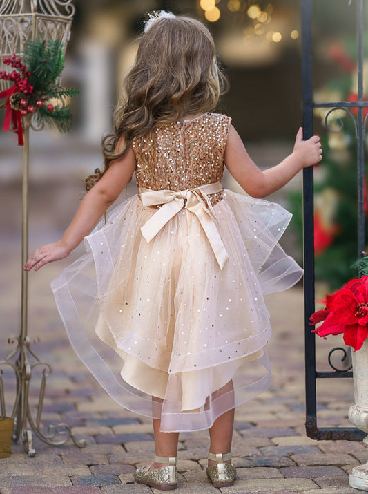 Sparkly A-Line Round Neck Sleeveless Bow Back High-Low Flower Girl Dresses