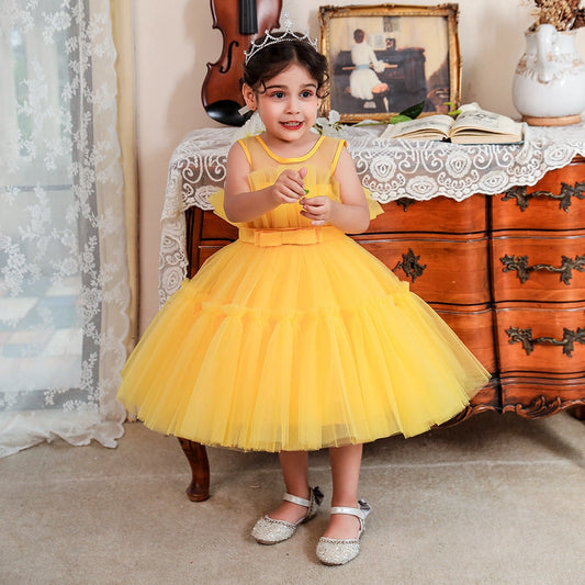 Vibrant A-Line Round Neck Sleeveless Tulle Tea-Length Girls Party Dress