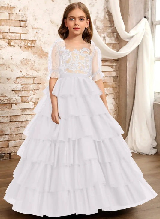 Elegant Ball Gown Square Neck Ruffle Sleeve Illusion Back Floor Length Girls Dress