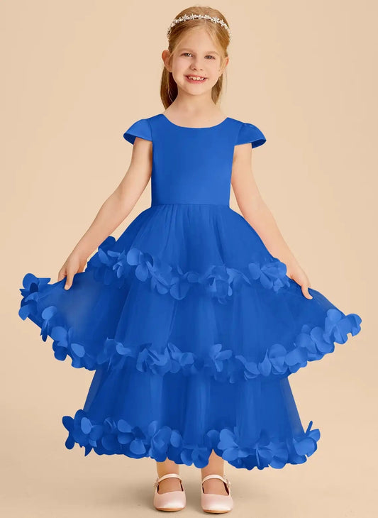 Elegant A Line Round Neck Petal Sleeve V Back Maxi Flower Girl Dress