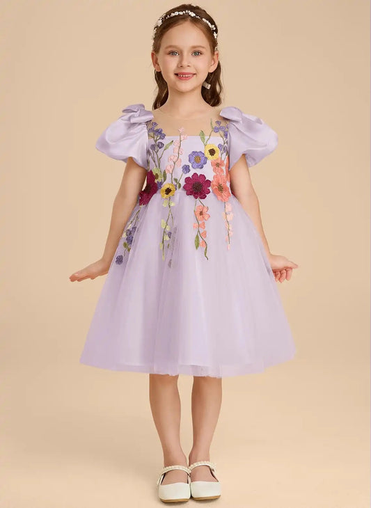 Enchanting A Line Square Neck Puff Sleeve Sheer Back Knee Length Flower Girl Dress