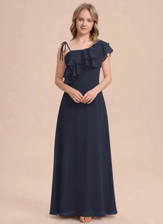 Elegant A Line Asymmetric Neck Ruffle Sleeve Tie Back Maxi Junior Bridesmaid Dress