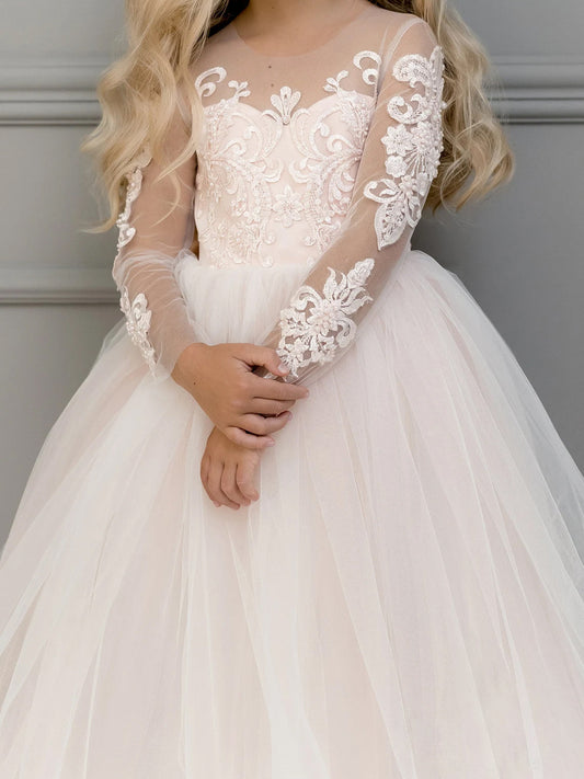 Vintage A?Line Illusion Neck Long Sleeve Lace?Back Floor?Length Flower Girl dress