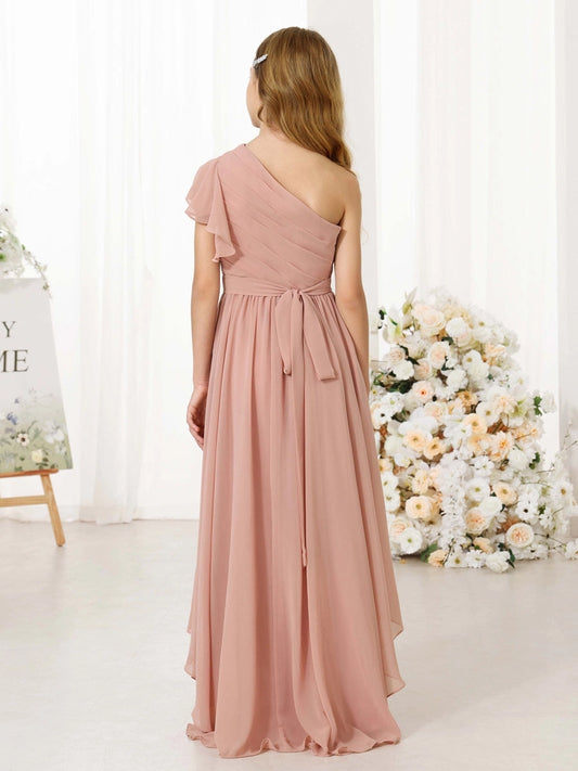 Elegant A?Line One?Shoulder Ruffle Sleeve Tie?Back Hi?Lo Junior Bridesmaid Dress