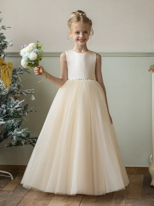 Elegant A-Line Round Neck Sleeveless Keyhole Back Floor-Length Flower Girl Dress